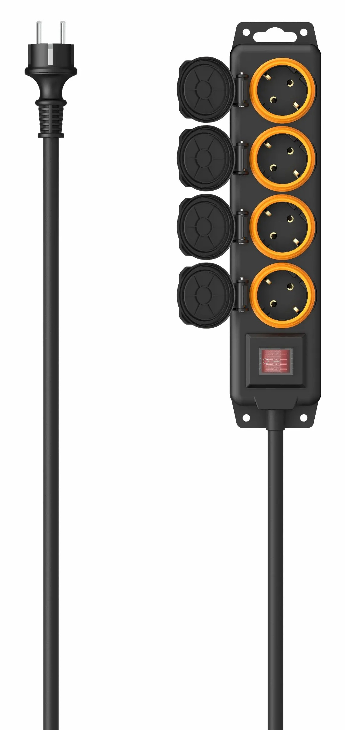 Czarna listwa zasilająca z czterema gniazdami, osłonami ochronnymi i włącznikiem/wyłącznikiem. Po lewej stronie ma czarną wtyczkę i kabel.