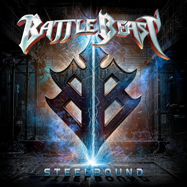 Albumcover. Battle Beast-Logo über einem stilisierten Schild mit Blitz. Das Wort STEELBOUND steht unten.