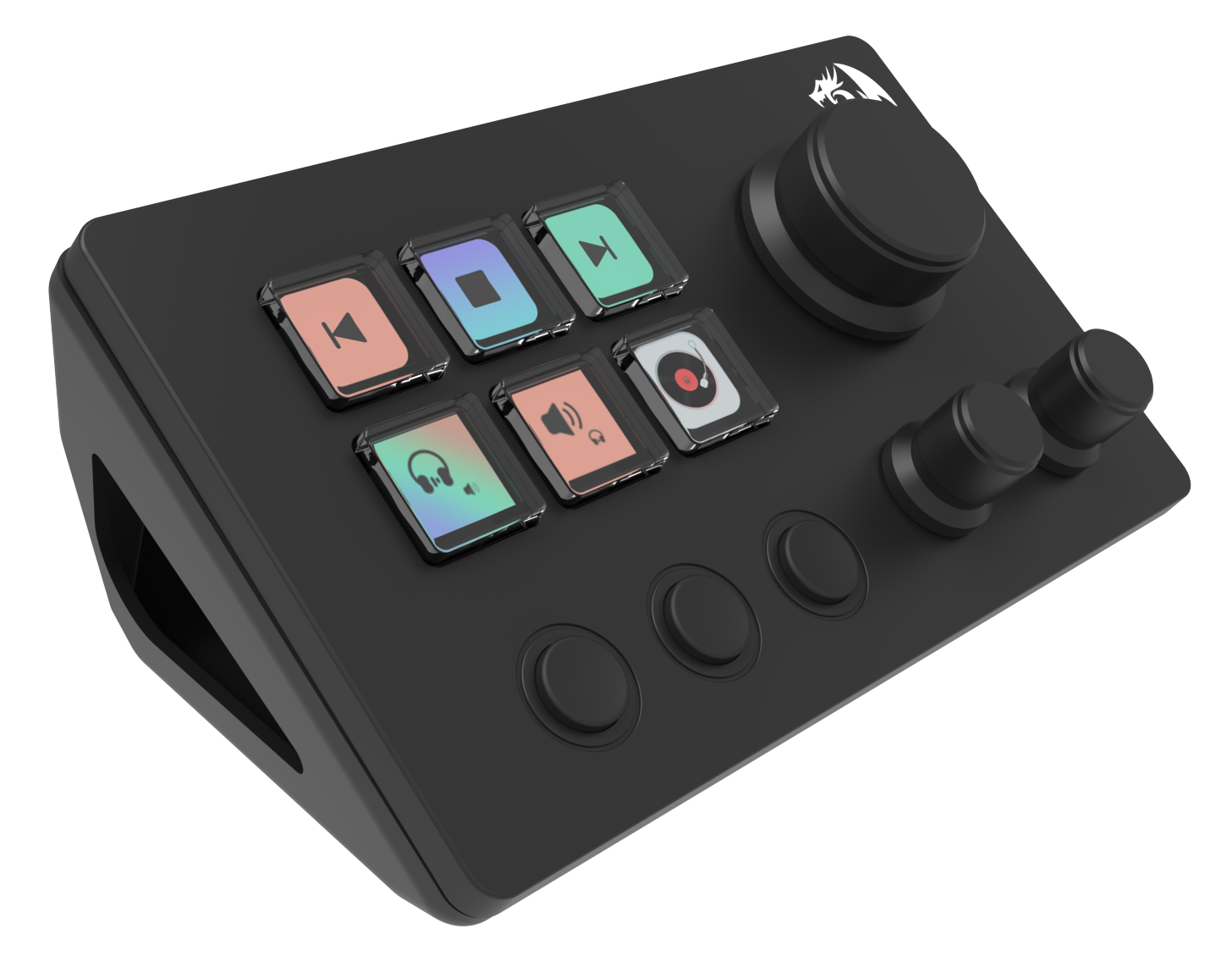 Czarny panel sterowania z przyciskami, pokrętłami i logo smoka. Ikony reprezentują elementy sterowania multimediami.