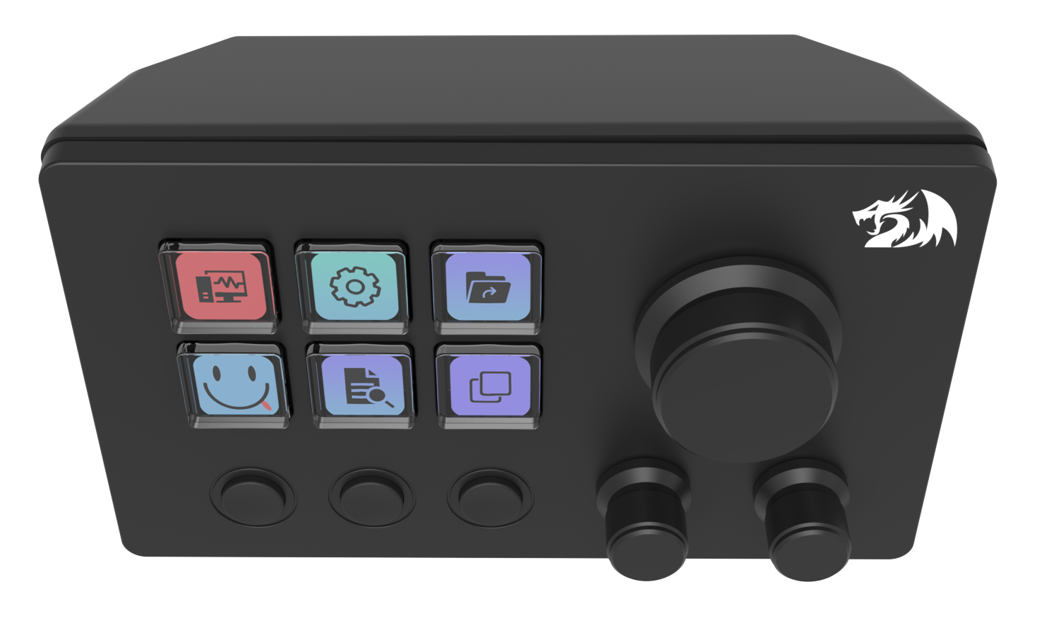 Czarny panel sterowania z przyciskami i pokrętłami. Przyciski mają ikony, takie jak uśmiechnięta buzia, ustawienia i foldery plików. Logo Redragon obecne.