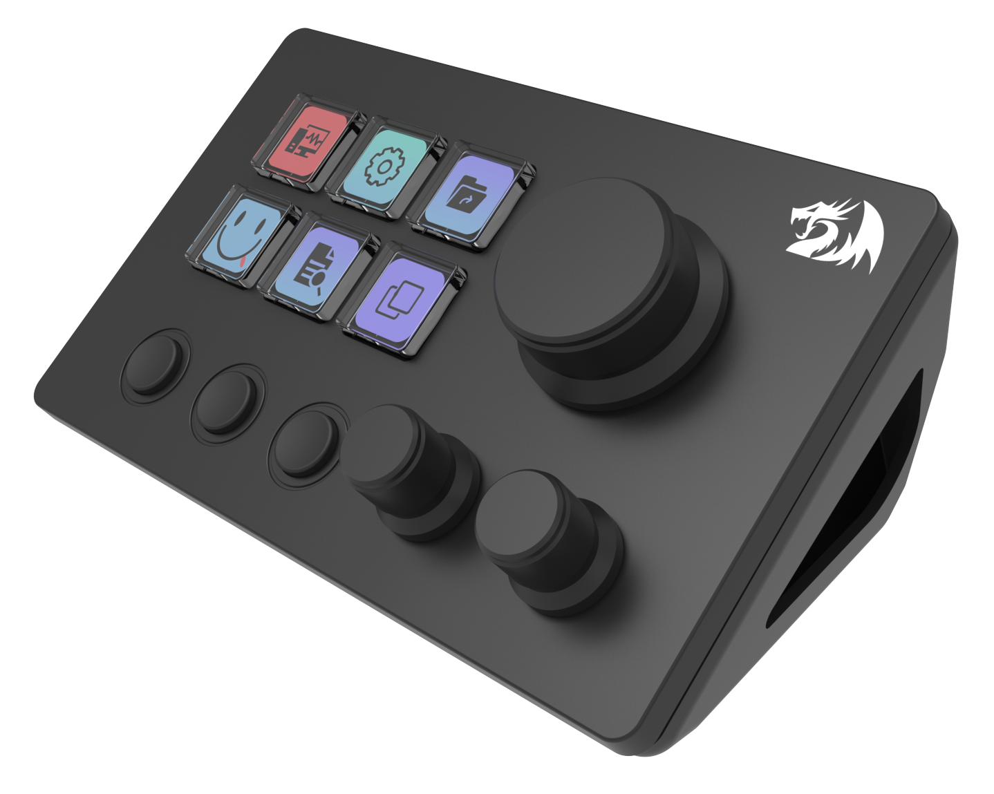 Czarny panel sterowania Redragon z przyciskami i pokrętłem. Ma różne ikony i logo smoka. Przyciski są w rzędach.