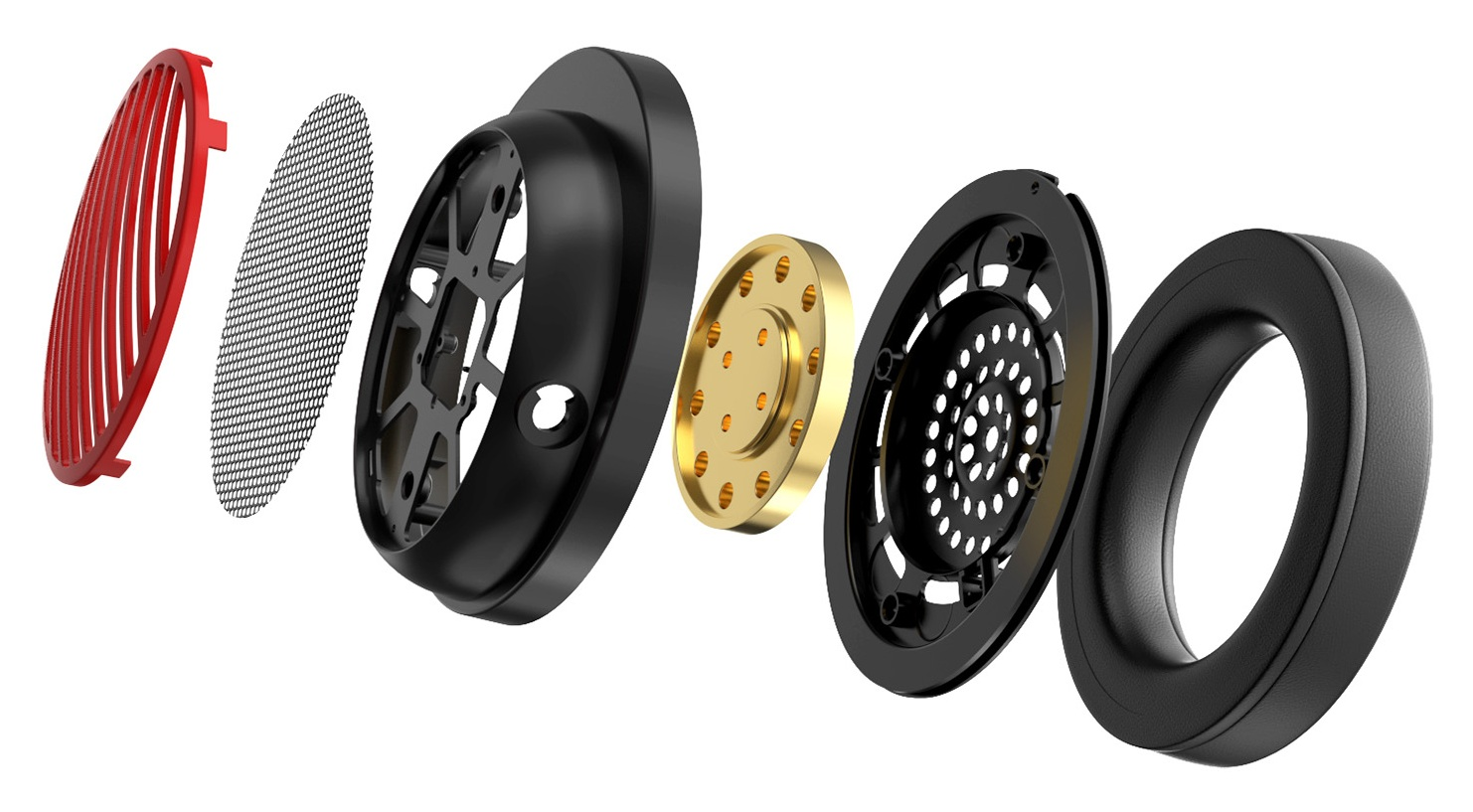 Widok rozłożony słuchawek. Komponenty: czerwona kratka, siatka, czarne części, złoty dysk, czarna poduszka.