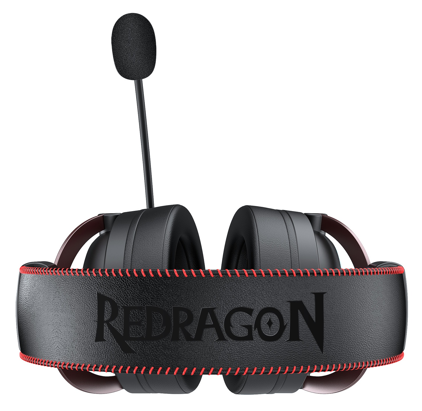 Czarne słuchawki dla graczy Redragon z mikrofonem. Słuchawki mają czarne nauszniki i pałąk z czerwonymi przeszyciami. Logo jest widoczne.