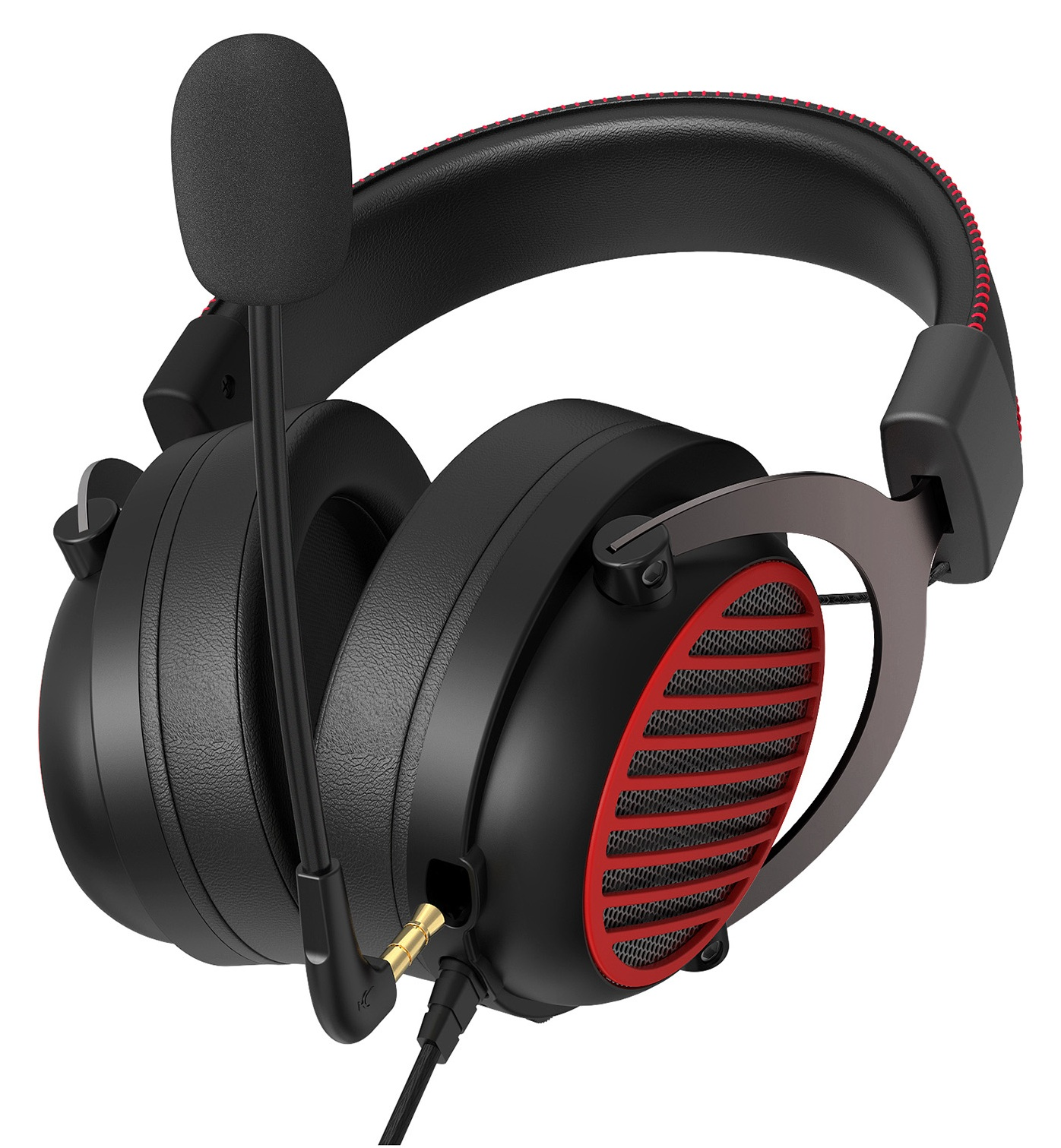 Czarny zestaw słuchawkowy z mikrofonem. Czerwone akcenty na nausznikach i szwach pałąka. Widoczny kabel ze złotym złączem.