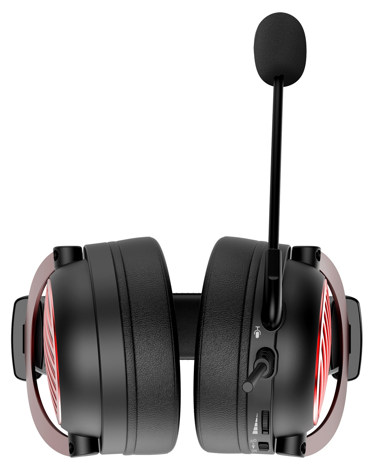 Czarno-brązowy zestaw słuchawkowy dla graczy z mikrofonem. Zestaw słuchawkowy ma czerwoną kratkę i regulację głośności. Tło jest białe.