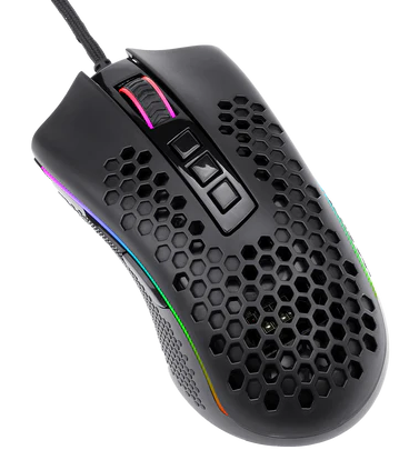 Czarna mysz gamingowa o wzorze plastra miodu, z podświetleniem RGB i plecionym kablem. Posiada przyciski i rolkę przewijania.