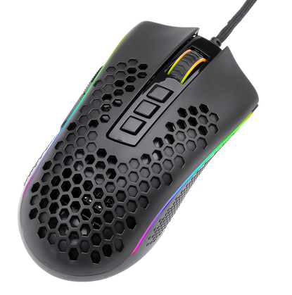 Czarna mysz gamingowa z wzorem plastra miodu, oświetleniem RGB i plecionym kablem. Posiada trzy przyciski i kółko przewijania.