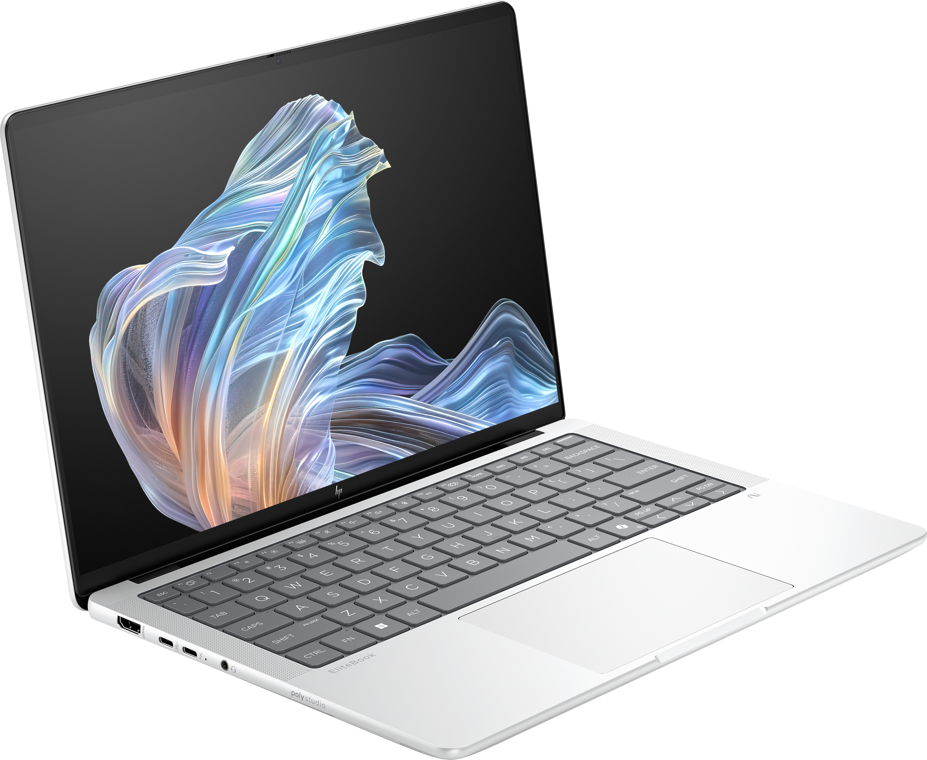 Ein weißer Laptop ist auf einer schwarzen Oberfläche geöffnet. Der Bildschirm zeigt ein farbenfrohes, abstraktes Design.