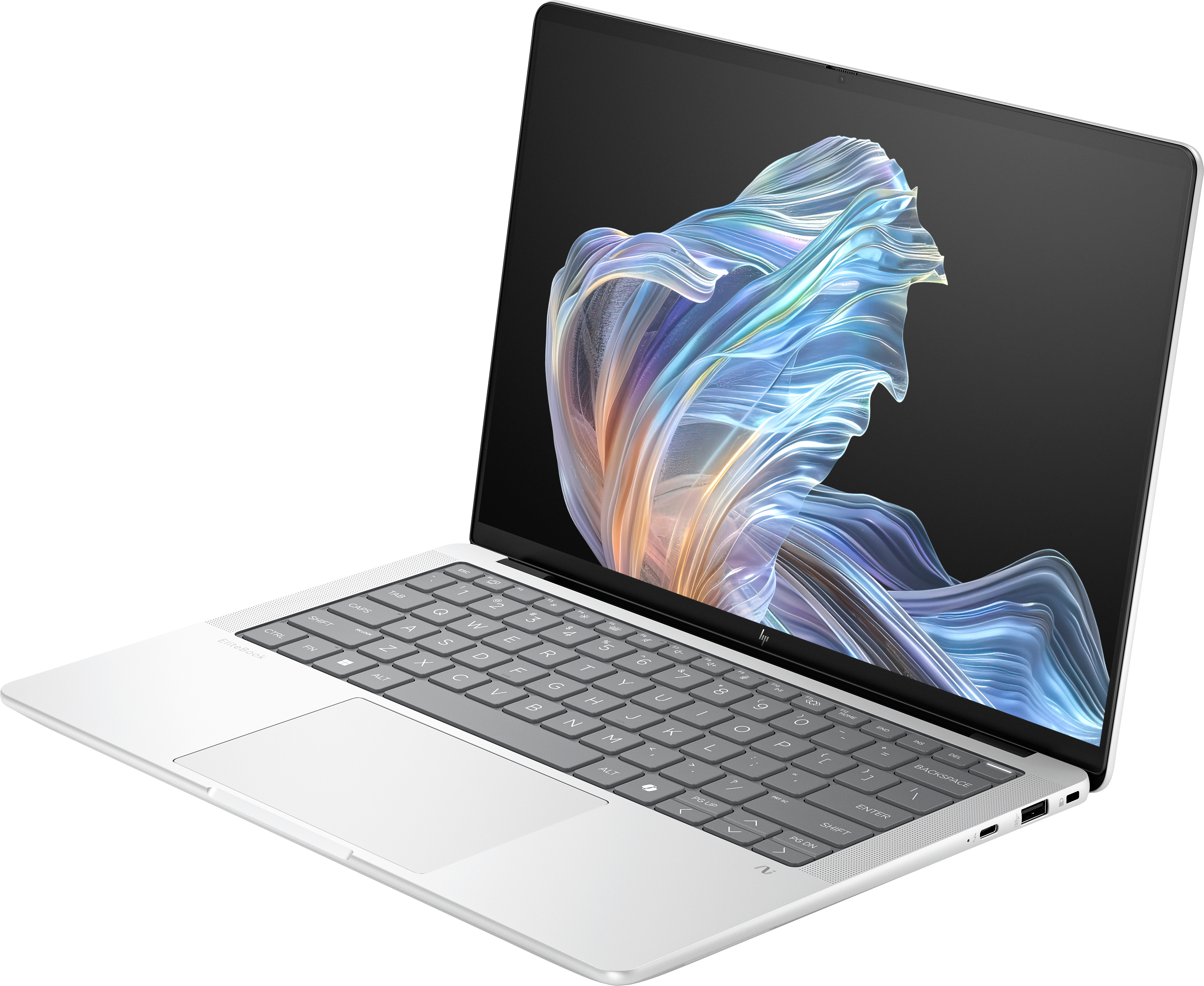 Silberner Laptop mit farbenfrohem Bildschirm. Tastatur sichtbar, vor schwarzem Hintergrund, im Studio aufgenommen.
