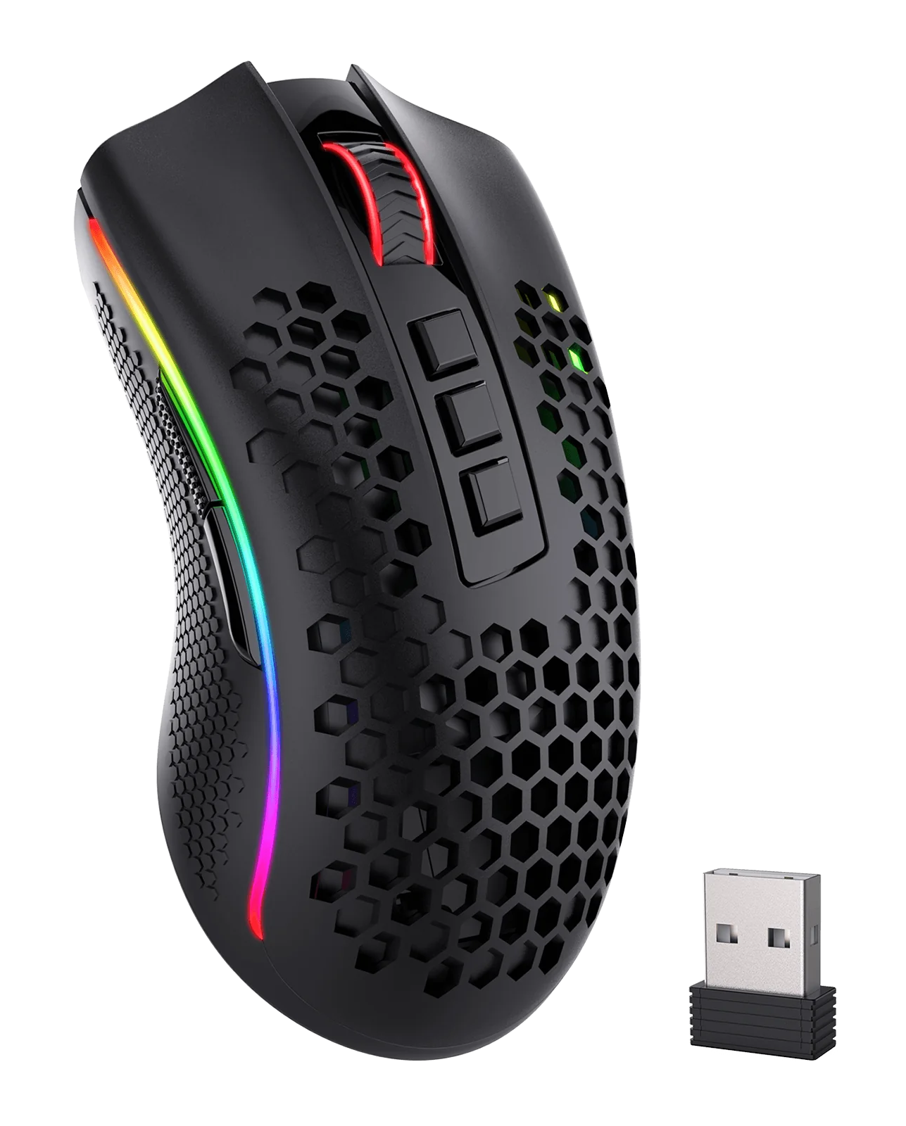 Czarna mysz gamingowa z podświetleniem RGB i wzorem plastra miodu, odbiornik bezprzewodowy na czarnym tle.