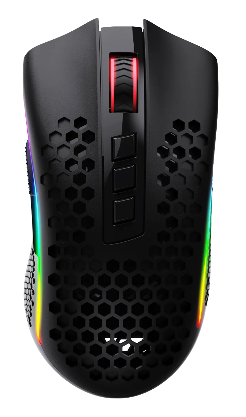 Czarna mysz gamingowa z wzorem plastra miodu i podświetleniem RGB. Posiada przyciski, rolkę przewijania i ergonomiczny kształt.