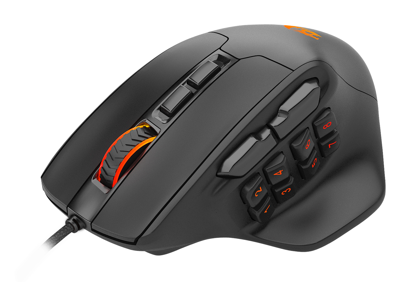 Czarna mysz gamingowa z wieloma przyciskami, kółkiem przewijania i pomarańczowymi akcentami. Ma połączenie przewodowe i logo u góry.