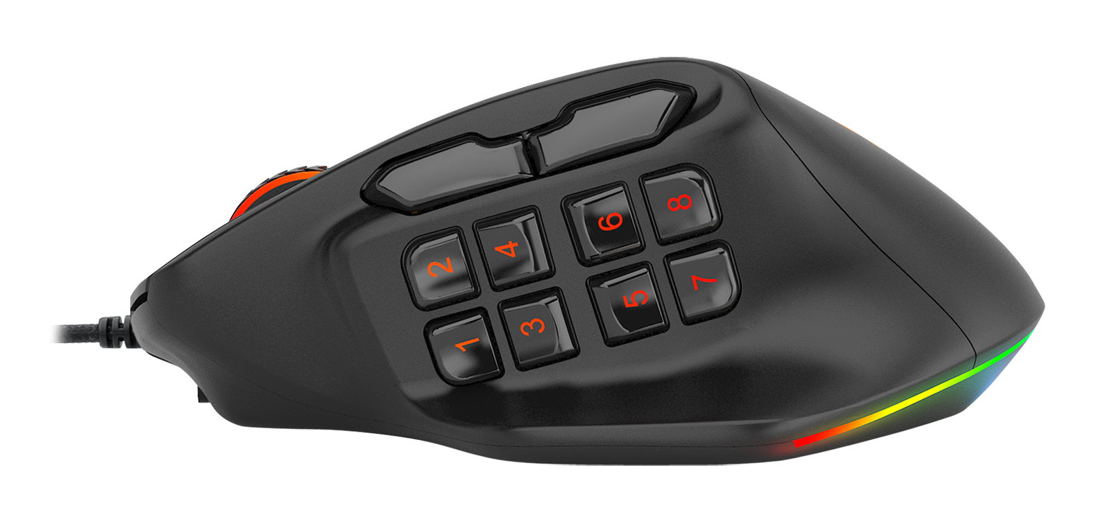 Czarna mysz do gier z klawiaturą numeryczną. Pomarańczowe cyfry na przyciskach. Tęczowe światło na dolnej krawędzi.