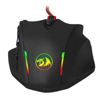 Czarna mysz gamingowa Redragon z podświetleniem RGB i logo smoka. Przewodowa z czerwono-czarnym kablem.