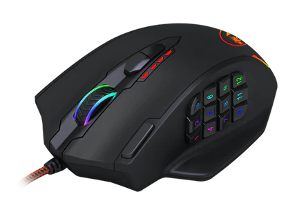 Czarna mysz do gier z wieloma przyciskami, kolorowym kółkiem przewijania i czerwono-czarnym kablem.