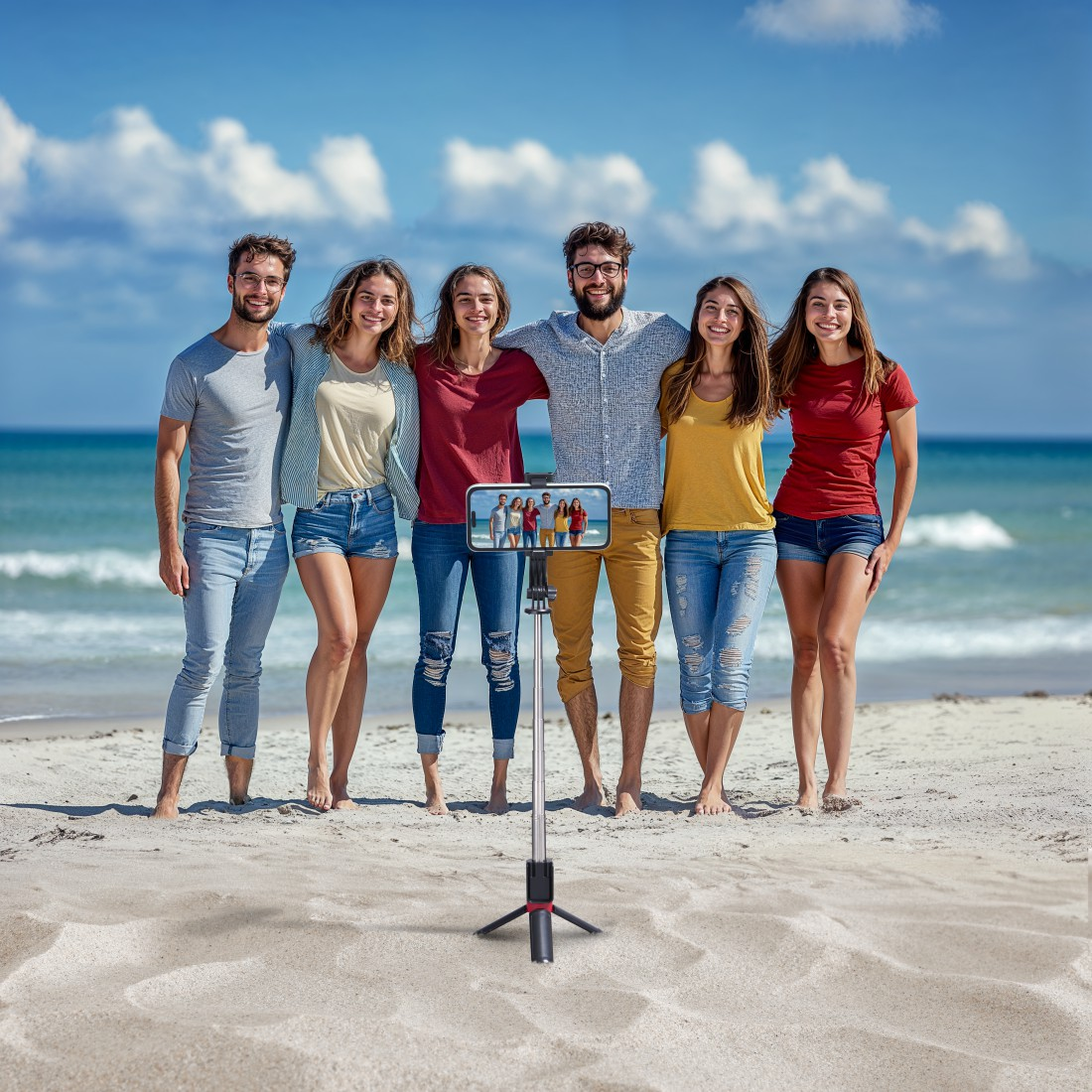 Sechs Freunde am Strand posieren für ein Foto. Ein Selfie-Stick hält ein Telefon, das dasselbe Bild anzeigt. Blauer Himmel, Ozean im Hintergrund.