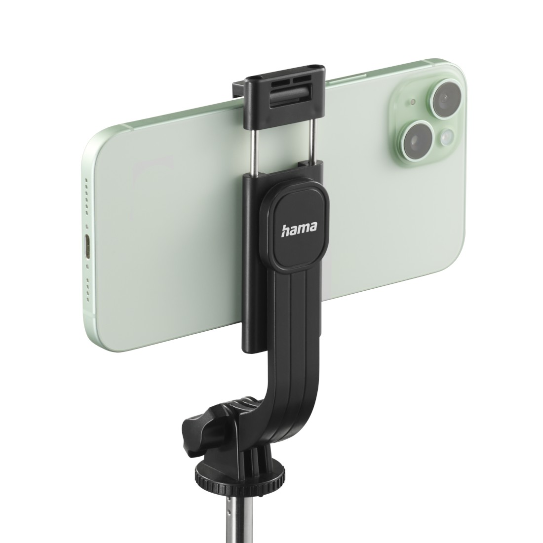 Ein hellgrünes Smartphone wird von einer schwarzen Handyhalterung gehalten, die auf einer silbernen Stange befestigt ist. Auf der Halterung steht 'hama'.