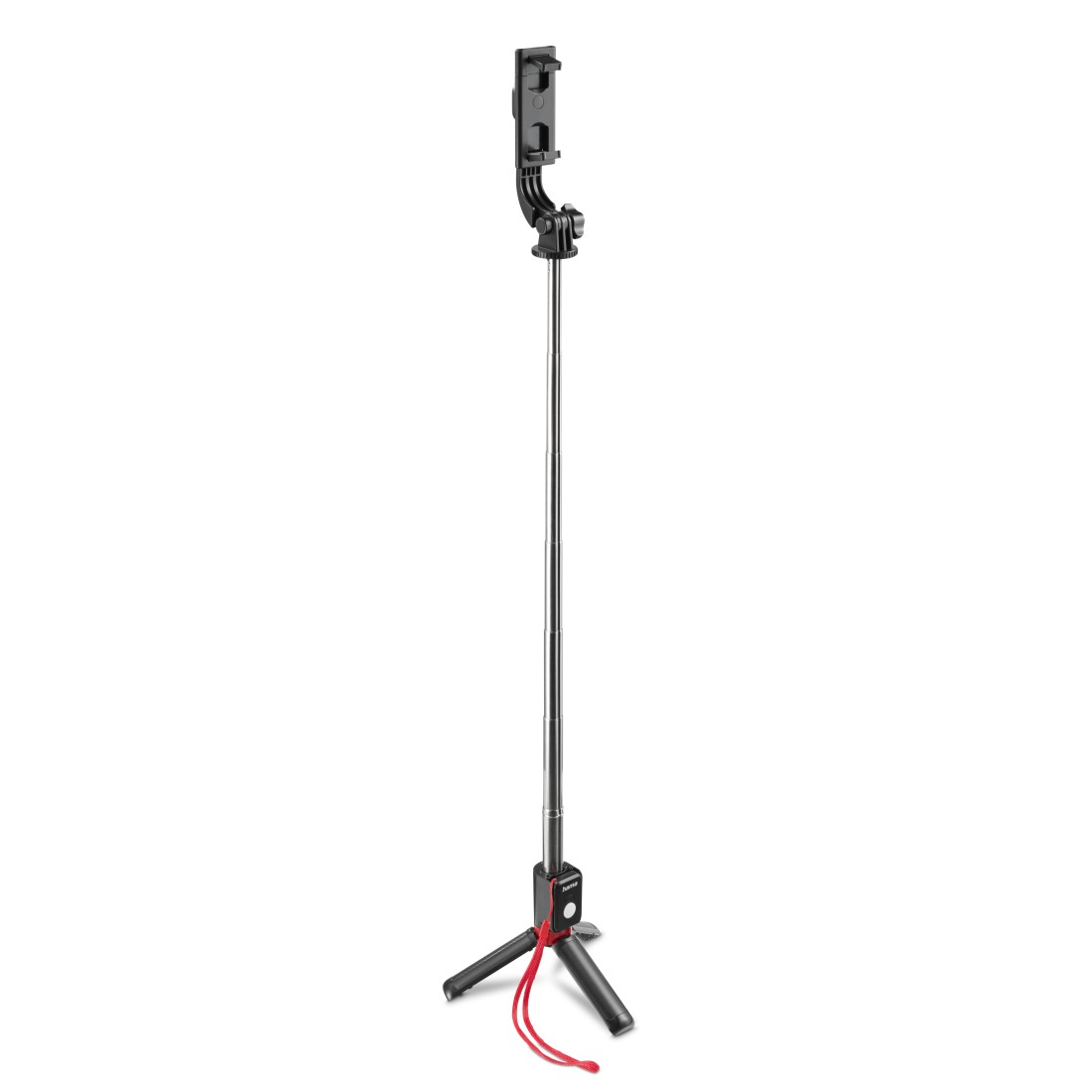 Ein schwarzes und silbernes Selfie-Stick-Stativ steht vor einem weißen Hintergrund. Ein rotes Schlüsselband ist befestigt.