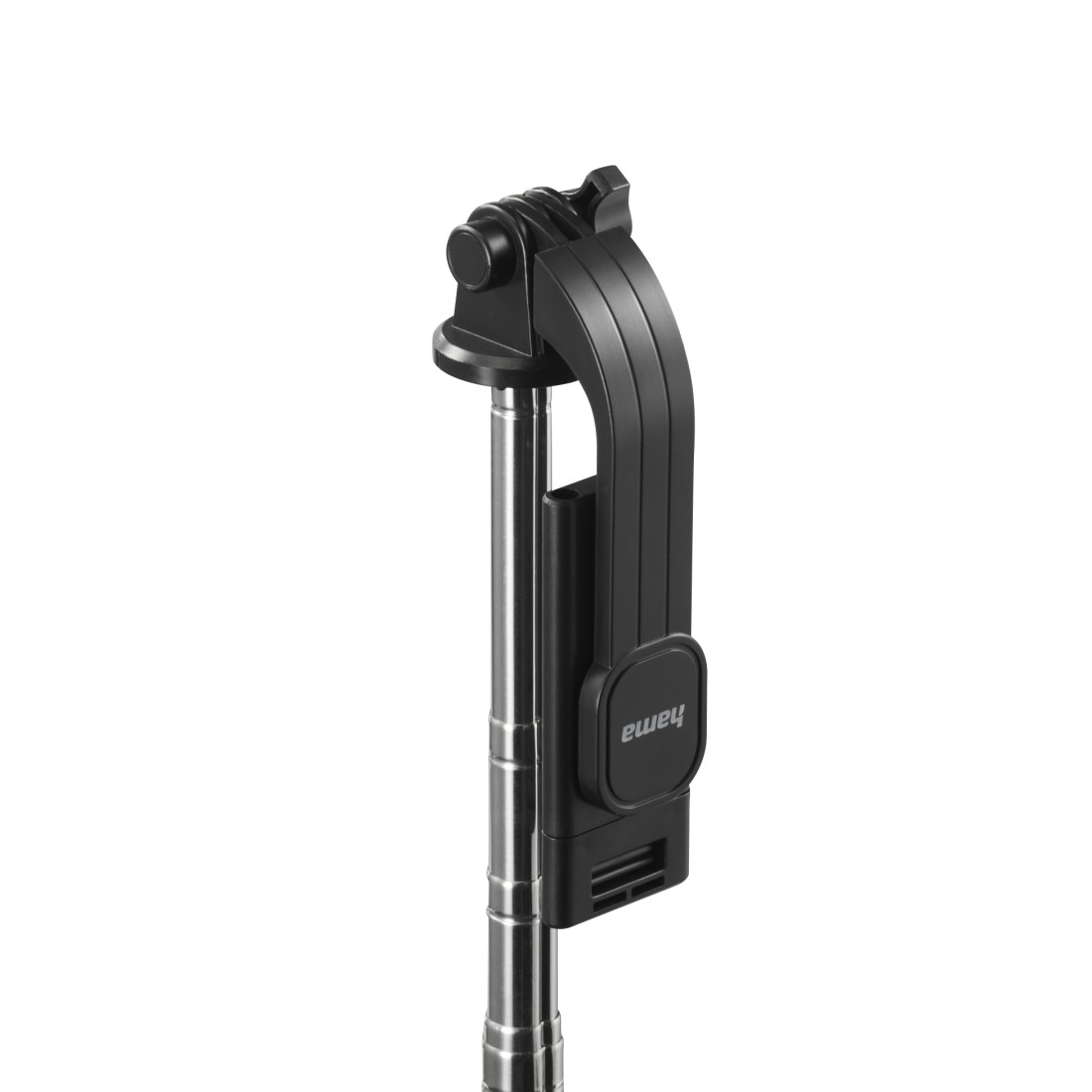 Ein schwarzer und silberner Selfie-Stick wird vor einem weißen Hintergrund gezeigt. Der Stick hat einen schwarzen Griff mit dem Markennamen 'hama'.