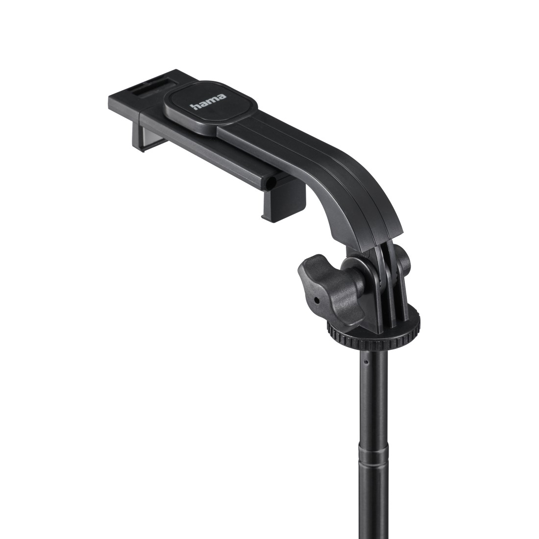 Ein schwarzer Hama-Telefonhalter, der an einem schwarzen Stativ befestigt ist. Der Halter ist gebogen und hat einen Knopf zur Einstellung.