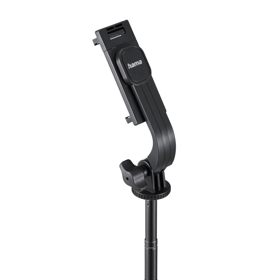 Ein schwarzer Hama-Telefonhalter an einem schwarzen Ständer. Der Halter ist verstellbar. Der Hintergrund ist weiß.