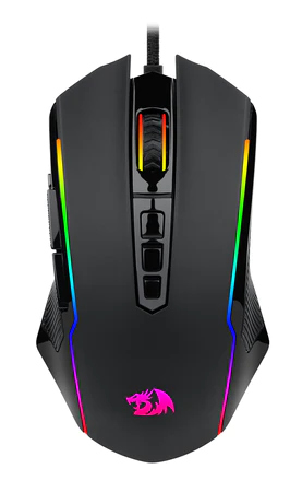 Czarna mysz gamingowa z podświetleniem RGB. Posiada kółko, przyciski i logo. Tło białe.