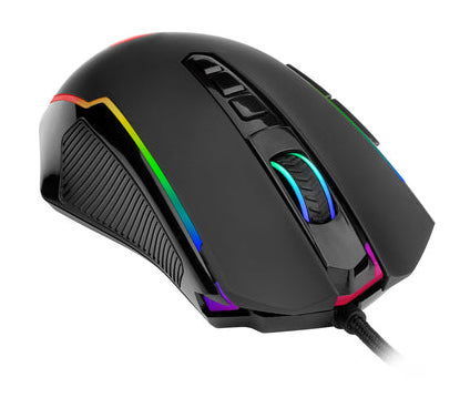 Czarna mysz do gier z podświetleniem RGB. Posiada przyciski, kółko przewijania i teksturowany uchwyt boczny. Przewodowa.