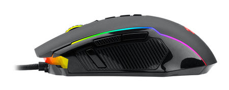 Czarna mysz do gier z bocznym podświetleniem RGB. Posiada wiele przycisków i teksturowany uchwyt boczny. Dołączony jest kabel.