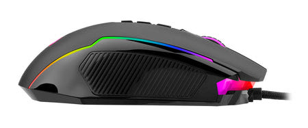 Czarna mysz gamingowa z podświetleniem RGB. Posiada przyciski, teksturowany uchwyt boczny i kabel. Tęczowe kolory na krawędziach.