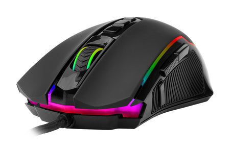 Czarna mysz gamingowa z oświetleniem RGB. Posiada kółko przewijania i przyciski. Mysz jest na białym tle.