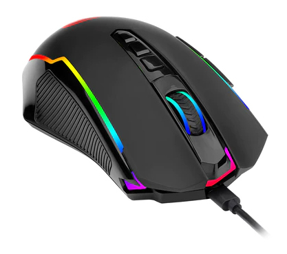 Czarna mysz gamingowa z kolorowymi światłami LED. Posiada przyciski, rolkę przewijania i kabel USB. Tło jest białe.