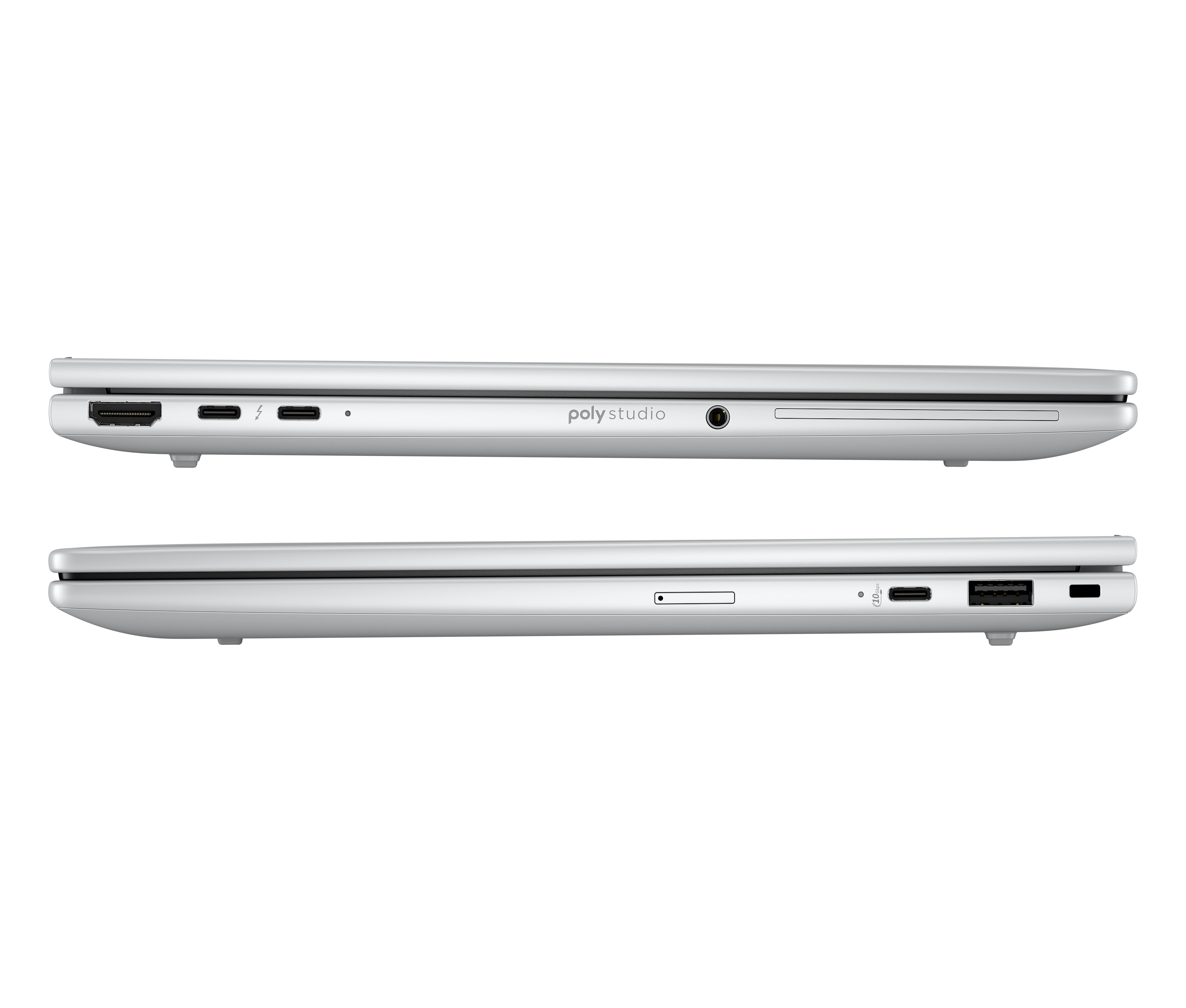 Zwei silberne Laptops Seitenansicht. Anschlüsse und das Logo 'poly studio' sind sichtbar. Der Hintergrund ist weiß.