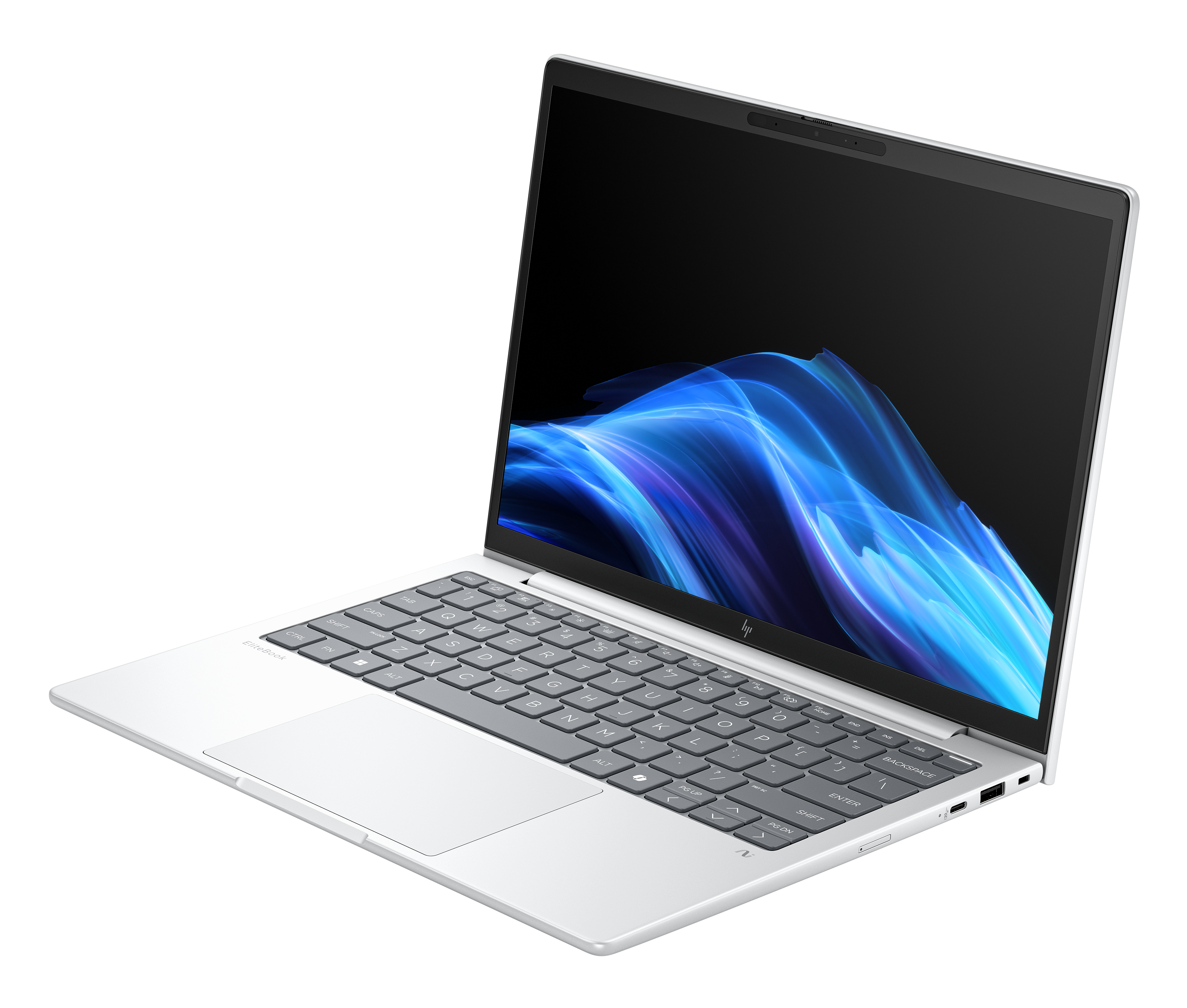 Silberner Laptop geöffnet, mit Tastatur und Bildschirm mit blauem und weißem abstraktem Design. Der Laptop steht auf weißem Hintergrund.