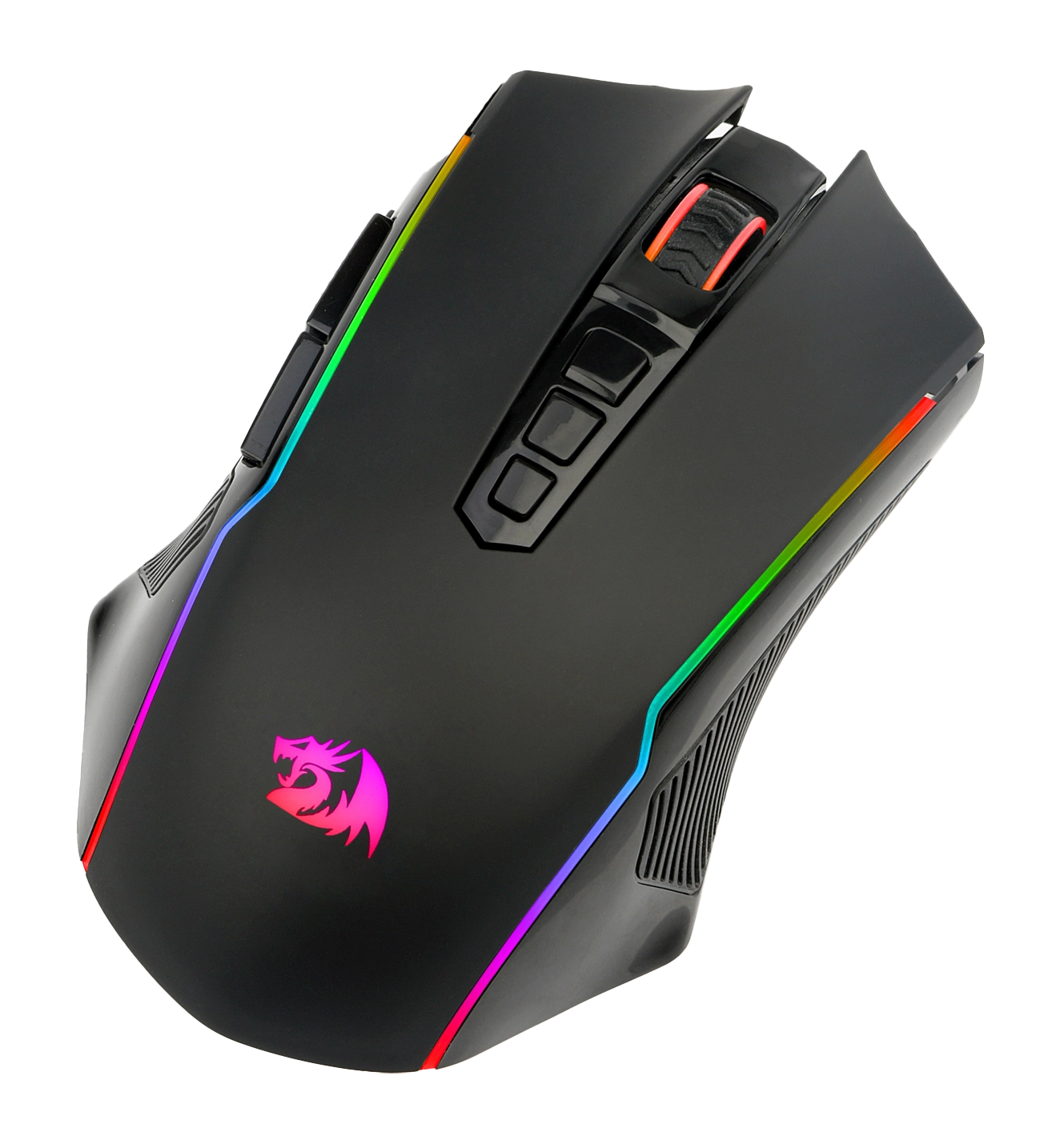 Czarna mysz gamingowa z podświetleniem RGB. Logo smoka na górze. Widoczne przyciski i rolka. Przyciski boczne i wentylacja.