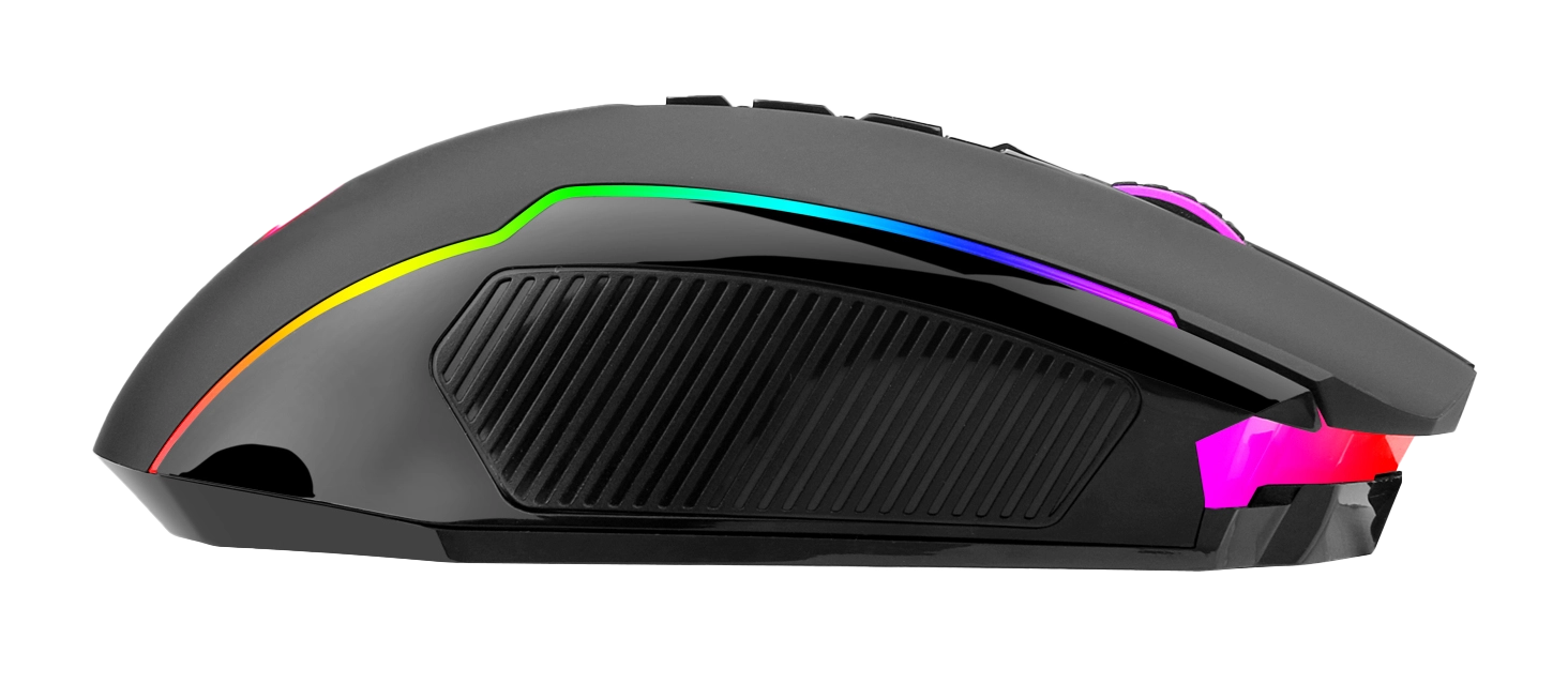 Czarna mysz do gier z podświetleniem RGB. Ma błyszczące wykończenie z teksturowanymi uchwytami bocznymi.