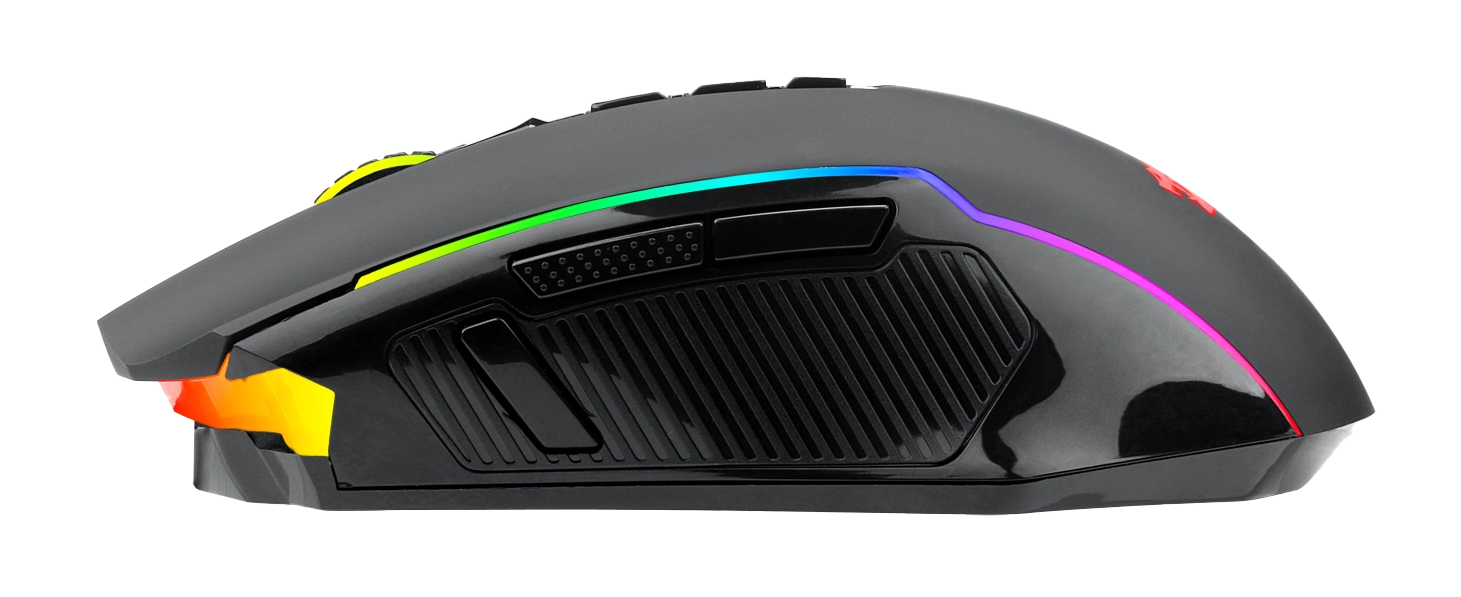 Czarna mysz do gier z kolorowymi akcentami LED. Mysz ma elegancki design z przyciskami i teksturowanym uchwytem bocznym.