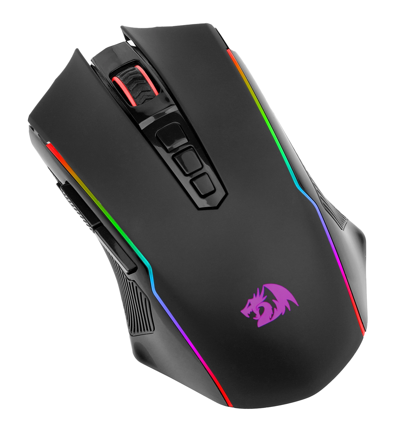 Czarna mysz gamingowa z tęczowymi krawędziami LED. Posiada kółko przewijania, przyciski i fioletowe logo smoka na czarnym tle.