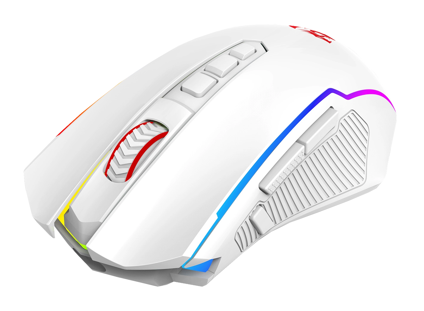 Biała mysz do gier z kolorowymi krawędziami LED i przyciskami. Posiada kółko przewijania i wiele przycisków na czarnym tle.