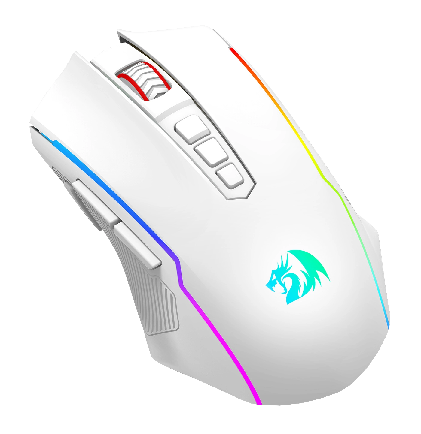 Biała mysz do gier z podświetleniem RGB na krawędziach, z kółkiem przewijania i przyciskami. Widoczne logo smoka.