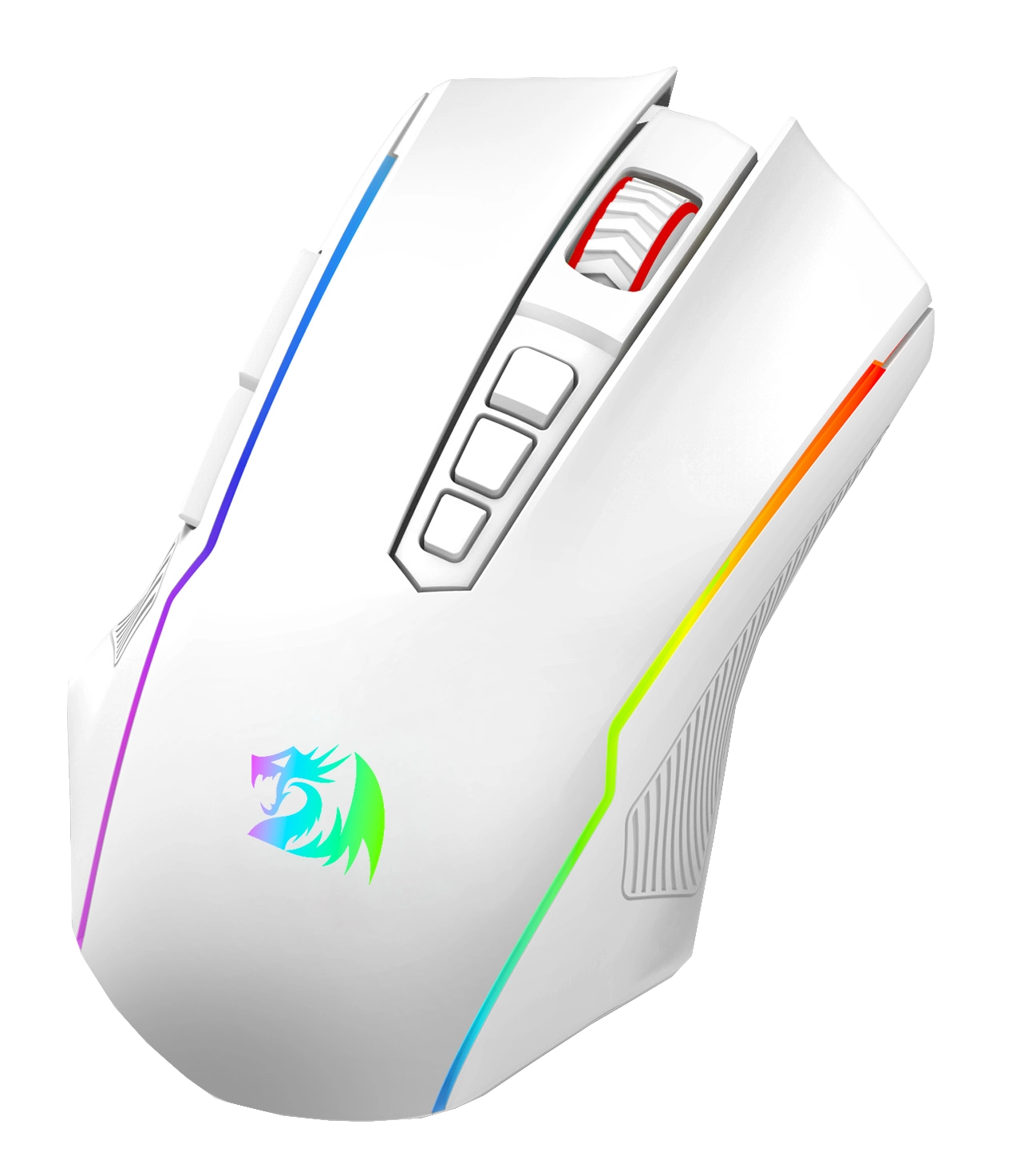 Biała mysz do gier z oświetleniem RGB. Posiada kółko przewijania, przyciski i logo smoka. Krawędzie mają kolorowe paski LED.
