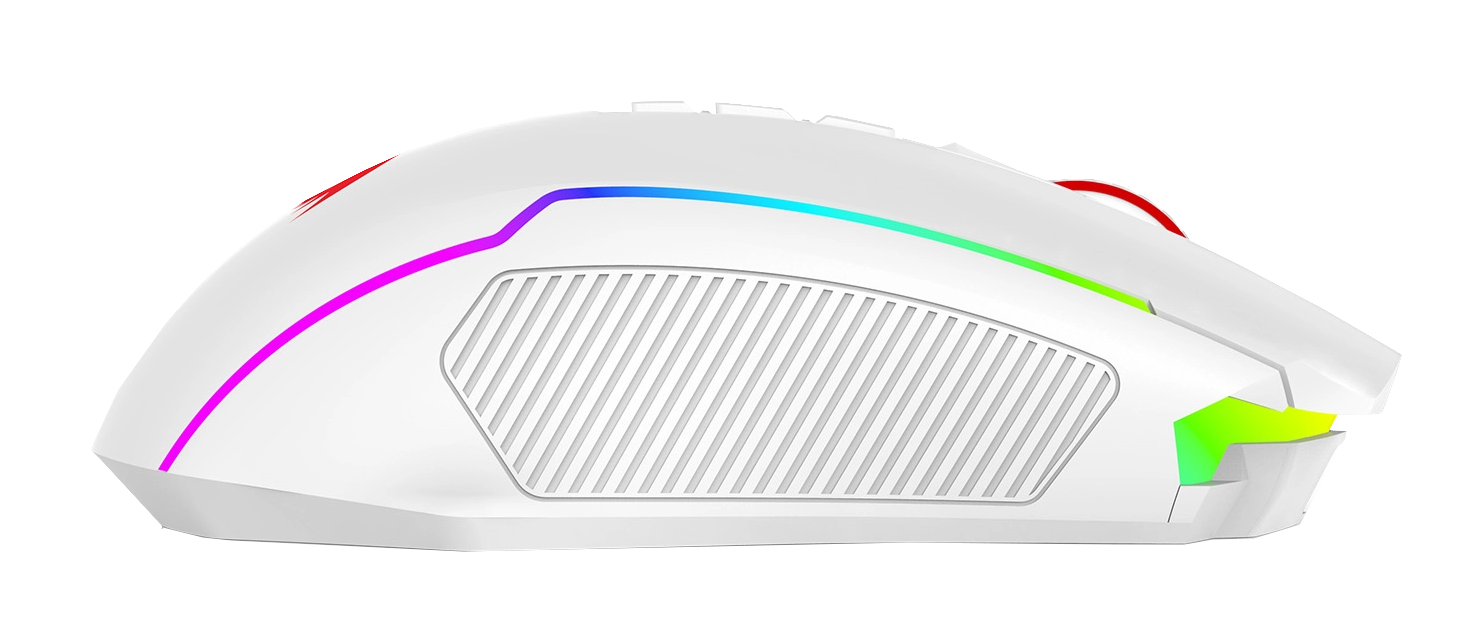 Biała mysz gamingowa z kolorowymi akcentami LED. Mysz ma teksturowany panel boczny i elegancką, ergonomiczną konstrukcję. Czarne tło.