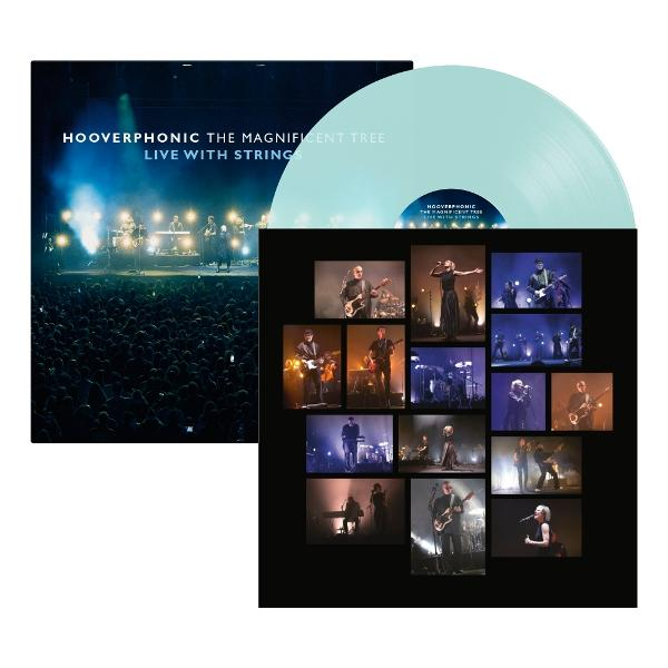 Albumhoes van Hooverphonic's "The Magnificent Tree Live With Strings", inclusief een vinylplaat en concertfoto's.