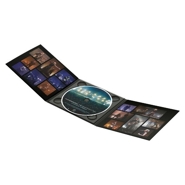 Boîtier de CD ouvert, disque au milieu. Photos des membres du groupe et scènes de concert sur les panneaux intérieurs.