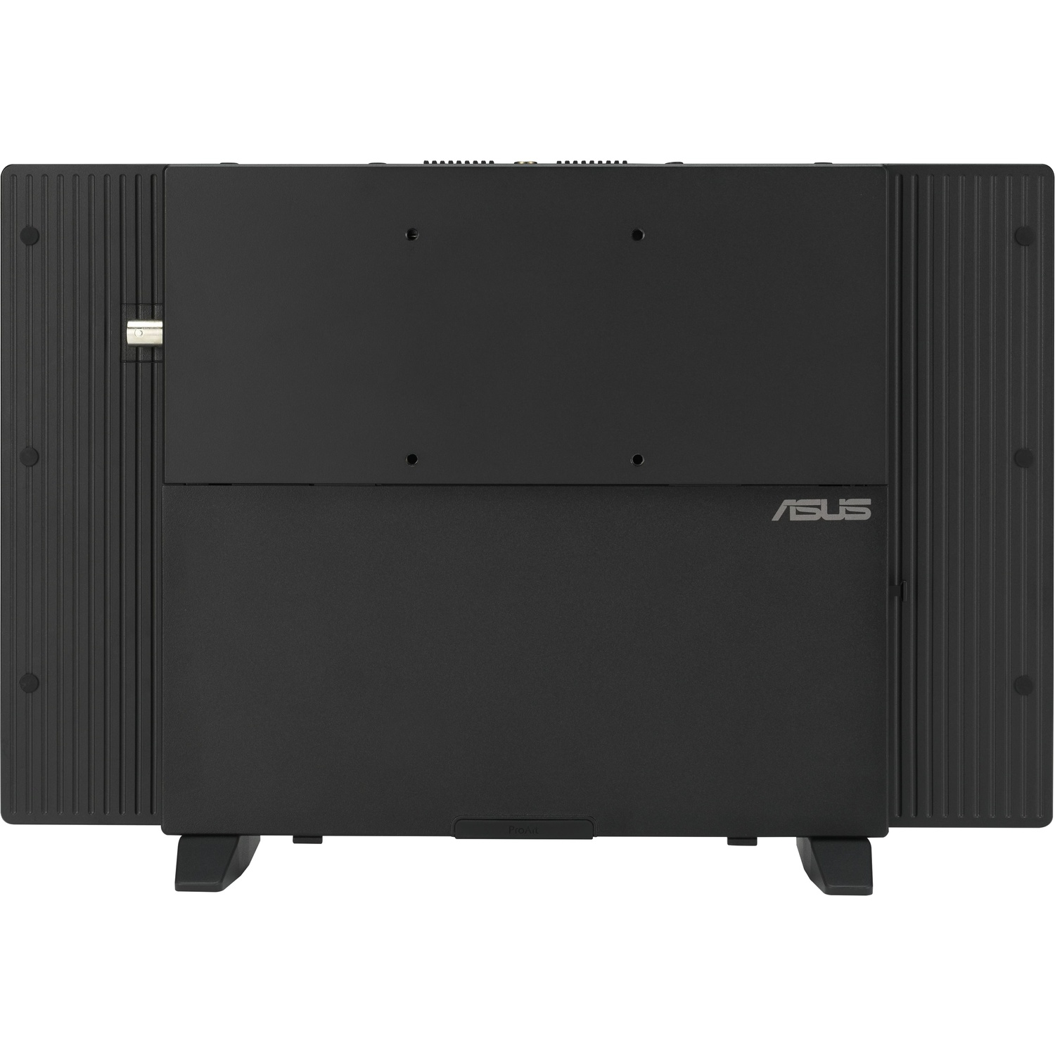Achterkant van een zwarte ASUS-monitor. Met logo, standaard, poorten en een textuurontwerp aan de zijkanten.