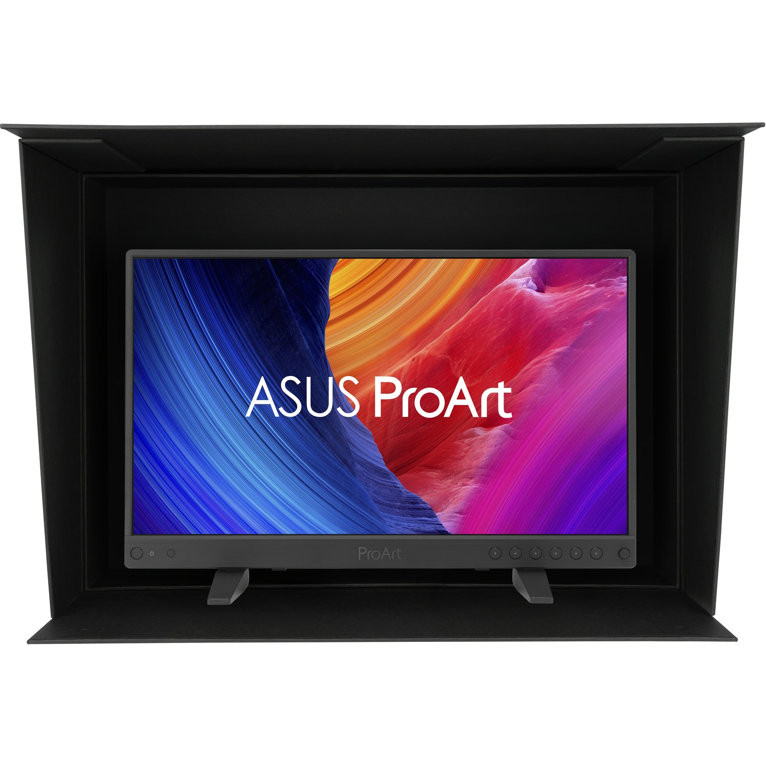 Een ASUS ProArt-monitor met een kleurrijk display, in een zwarte kap. Het scherm toont rode, blauwe en paarse tinten.