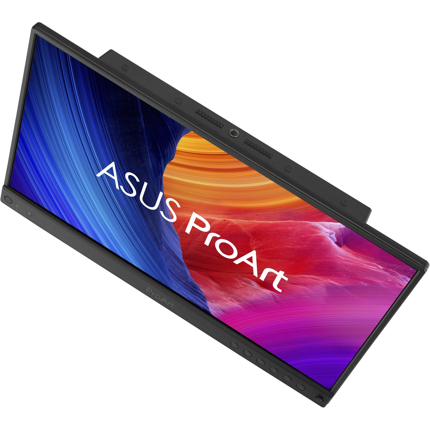 Schuine weergave van een zwarte ASUS ProArt monitor. Het scherm toont een kleurrijk abstract patroon. De rand heeft knoppen en poorten.