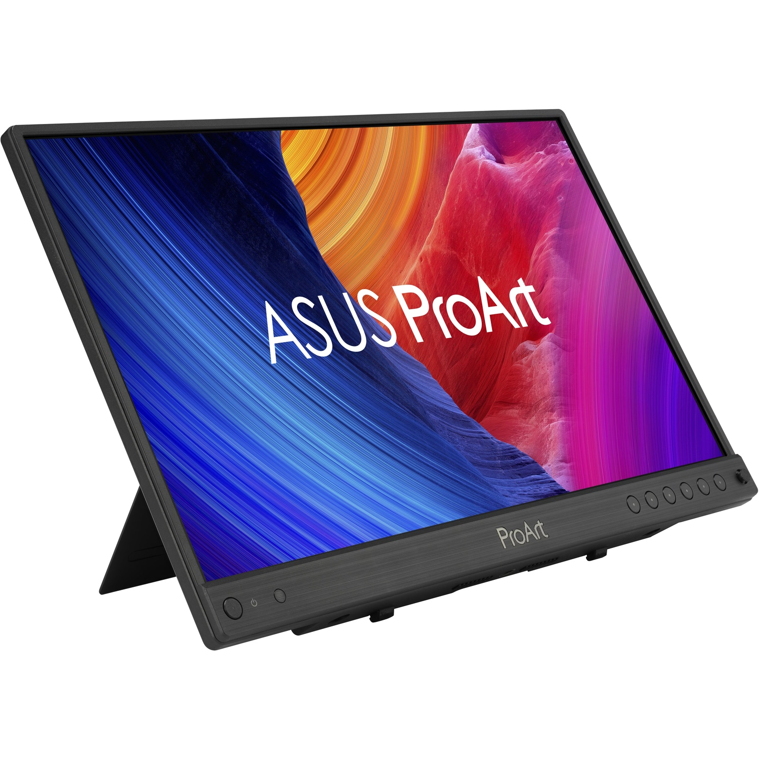 ASUS ProArt monitor met een kleurrijk display. Het heeft een zwart frame en een standaard. Het display toont blauwe, oranje en roze kleuren.