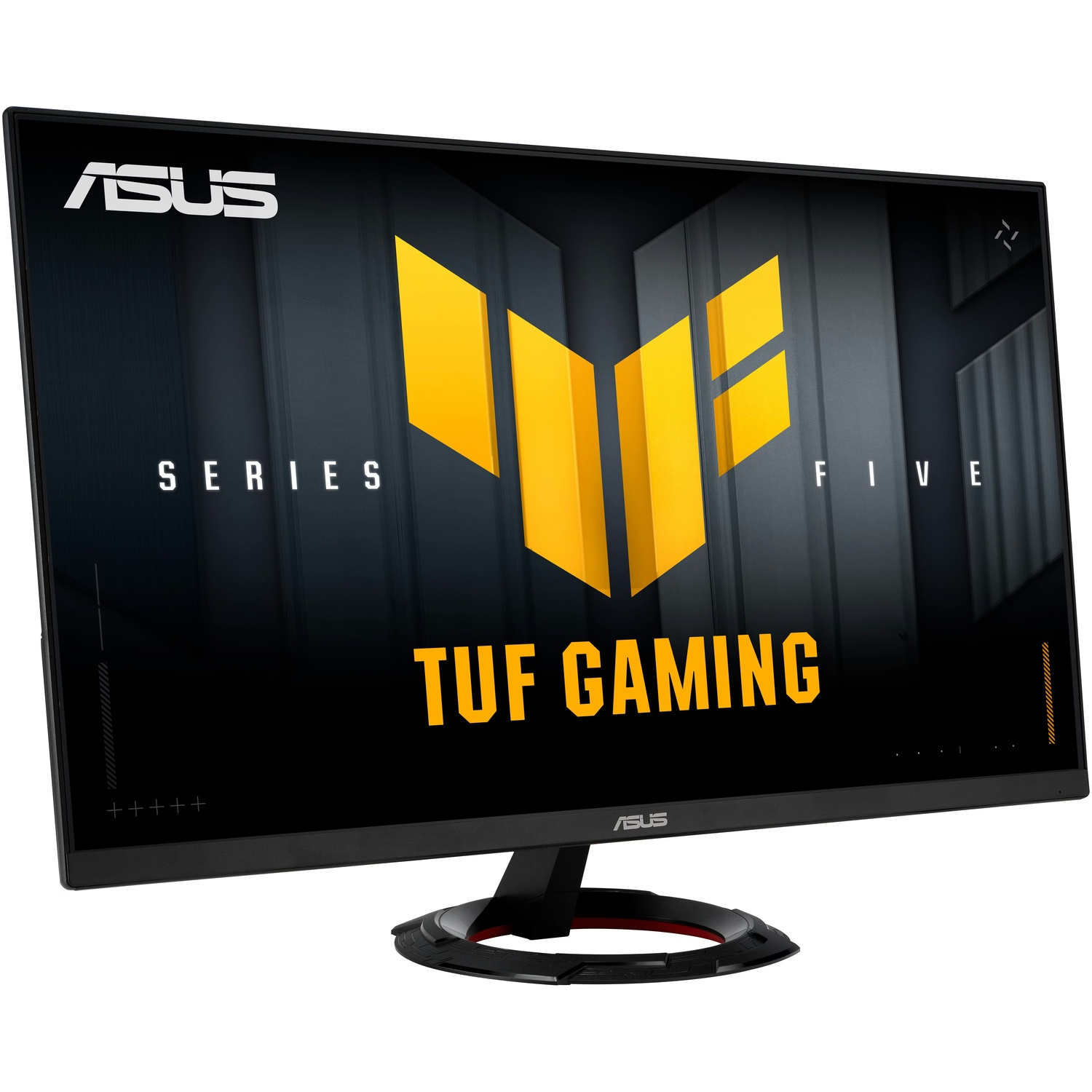 Moniteur ASUS TUF Gaming. Cadre noir, pied noir avec détails rouges. L'écran affiche un logo jaune sur fond noir.