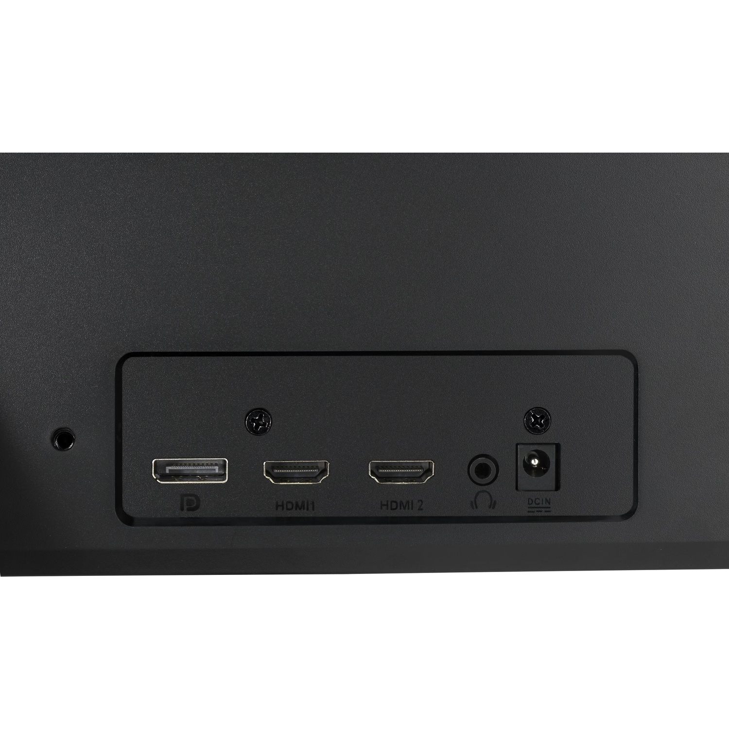 Gros plan du panneau arrière d'un moniteur. Comprend des ports HDMI, une prise audio, un port DC-in et DisplayPort, tous étiquetés sur fond noir.