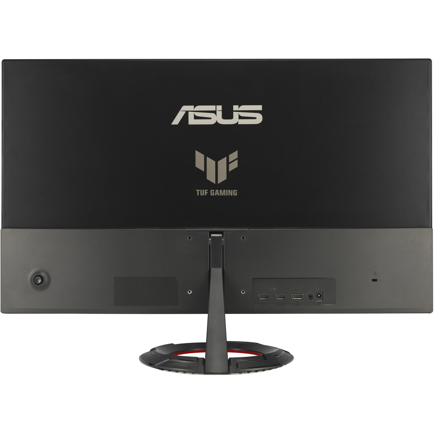 Vue arrière d'un moniteur ASUS TUF Gaming. Design noir et gris avec le logo ASUS et ports visibles.